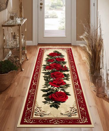 Dark Blossom Floral Runner Rug — Elegant Dark Floral Hallway Carpet, Low-Pile Stain-Resistant Design For Entryways & Narrow Spaces
