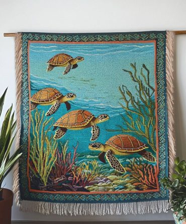 Deep Ocean Turtles Woven Throw — Dark Sea Turtle Tapestry Blanket, Dramatic Coastal Sofa Throw For Bold Nautical & Marine Décor