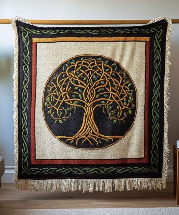 Earthbound Yggdrasil Woven Throw — Norse Yggdrasil Tree Of Life Tapestry Blanket, Rustic Boho Sofa Throw For Natural Home Styling