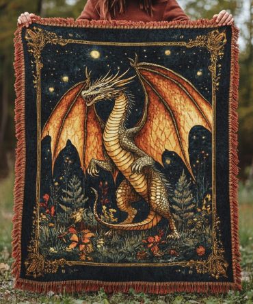 Eldertale Dragon Woven Throw - Vintage Fantasy Sofa Blanket With Classic Dragon Illustration, Soft Cozy Home & Gift Favorite