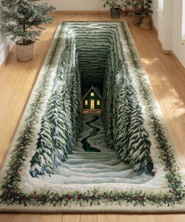 Emerald Christmas Village Runner Rug - Lush Emerald Holiday Village Design For Hallways & Stairs , Soft, Durable, Stain-Resistant Runner