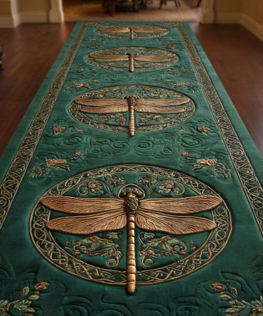 Emerald Dragonfly Decorative Runner Rug - Nature-Inspired Hallway Runner, Jewel-Green Floral Motif, Durable Low-Pile, Easy Clean