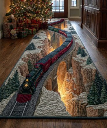 Enchanted Holiday Rail Runner Rug - Whimsical Christmas Train Hallway Carpet With Anti-Slip Backing, Plush Low-Profile Pile, Easy-Clean Accent