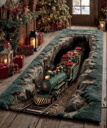 Evergreen Rail Adventure Holiday Runner Rug For Hallway — Rustic Train Through Pines Design, Durable Low-Pile Comfort, Fade-Resistant & Easy Seasonal Styling