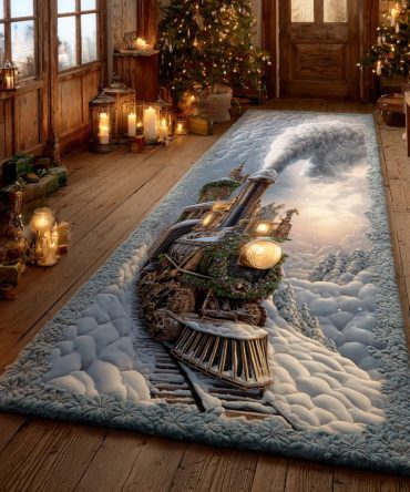 Evergreen Holiday Train Runner Rug — Festive Vintage Railway Hallway Carpet, Non-Slip Durable Indoor Accent