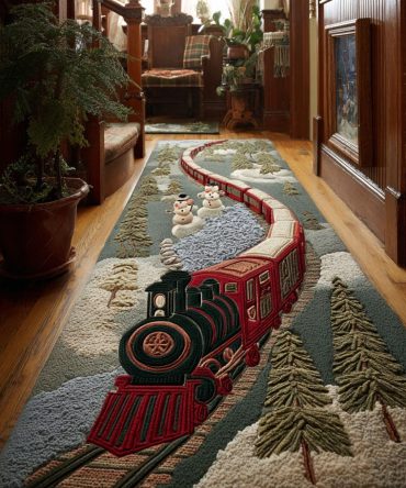 Evergreen Steamliner Christmas Runner Rug — Green Holiday Train Hallway Carpet, Durable Weave, Non-Skid Backing & Machine-Washable Ease