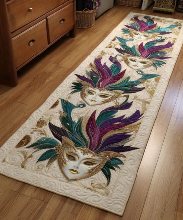 Festive Masquerade Patterned Runner Rug — Intricate Masquerade Hallway Runner, Durable Low-Pile With Non-Slip Backing & Easy-Care Finish — Multiple Sizes