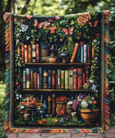 Floral Bookshelf Haven Woven Throw - Botanical Reading Nook Blanket For Sofa, Soft Cozy Accent, Perfect Gift For Book Lovers