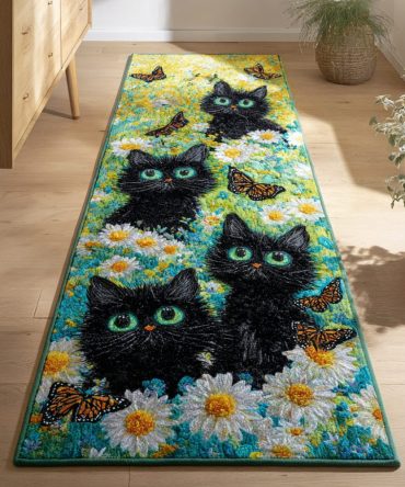 Floral Cat Dream Runner Rug – Elegant Botanical Cat Motif Hallway Runner With Soft Pile, Non-Skid Backing For Stylish Home Floors