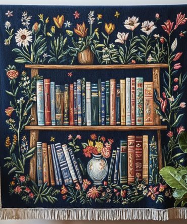 Floral Library Woven Sofa Throw — Elegant Book & Flower Pattern Blanket, Decorative Cozy Accent For Living Room, Study & Guest Rooms