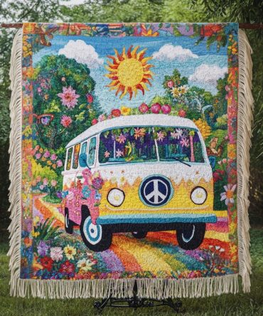 Flower Power Van Hippie Woven Throw Blanket — Colorful Floral Camper Van Throw For Sofa, Picnic & Travel