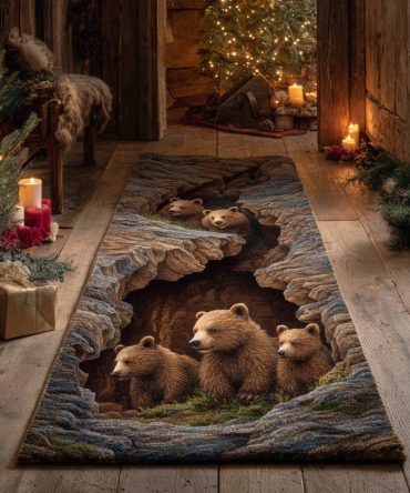 Cozy Forest Bear Hallway Runner Rug — Woodland Animal Accent For Entryway, Durable Low-Pile Long Rug With Non-Slip Backing
