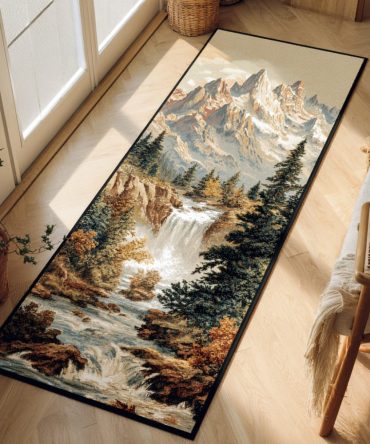 Forest Glacier Waterfall Scenic Runner Rug For Hallway — Nature-Inspired Waterfall & Pine Motif, Durable Low-Pile Build, Fade-Resistant & Perfect For Rustic Or Modern Homes