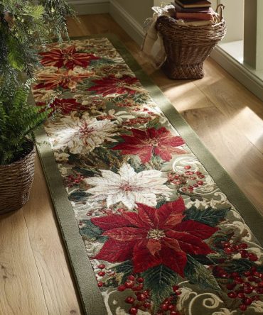 Forest Poinsettia Holiday Runner Rug — Festive Botanical Hallway Carpet With Poinsettia Motif, Durable Non-Slip Seasonal Accent For Entryways