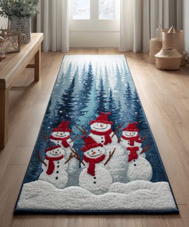 Forest Snowman Holiday Runner Rug — Woodland Snowman Design Hallway Carpet With Durable Weave, Non-Skid Backing & Machine-Wash Friendly