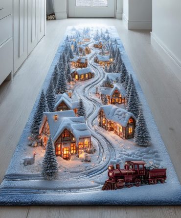 Cozy Frost Village Holiday Runner Rug For Hallway & Entry — Winter Train Scene, Soft Low-Pile Construction, Fade-Resistant & Easy-Care For Seasonal Decor