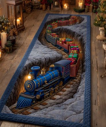 Frostbound Engine Holiday Runner Rug — Vintage Train Motif In Frosty Hues, Heavy-Duty Hallway Carpet, Non-Slip & Machine Washable