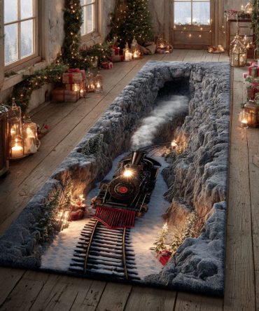 Frostbound Railway Winter Runner Rug – Icy Train Motif Holiday Hallway Runner, Durable Low-Pile Mat With Non-Slip Backing For Entry & Stairs