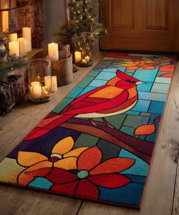 Frosted Red Perch Runner Rug - Winter Cardinal Non-Slip Hallway Runner, Soft Washable Area Rug For Seasonal Décor