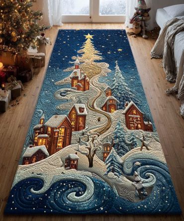 Frostlight Village Festive Runner Rug — Cozy Christmas Street Scene, Durable Washable Hallway Accent With Non-Slip Backing