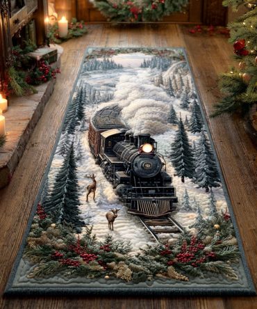 Frosty Express Runner Rug — Charming Winter Train Hallway Carpet, Non-Slip Low-Pile Indoor Rug For Entryways