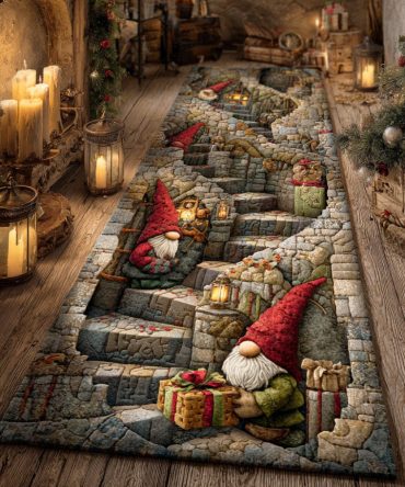 Frosty Gnome Lane Holiday Runner Rug - Winter Gnome Scene Non-Slip Hallway & Entry Runner, Soft Plush Pile, Easy-Care