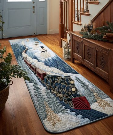 Frosty Track Express Winter Runner Rug — Snowy Train Scene Hallway Carpet, Fade-Resistant, Non-Skid Backing & Low-Maintenance Design