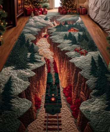 Frosty Train Lights Runner Rug - Light-Themed Holiday Train Hallway Carpet With Non-Slip Backing, Soft Plush Pile, Easy-Care Seasonal Accent