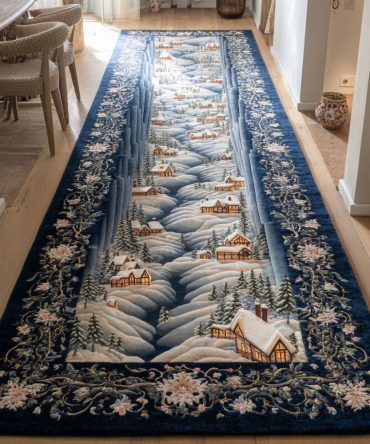 Garnet Christmas Village Runner Rug - Rich Garnet Holiday Scene Runner For Festive Hallways , Plush Pile, Slip-Resistant, Easy Clean