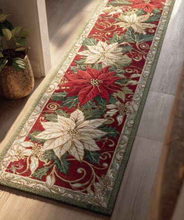 Garnet Poinsettia Runner Rug — Luxurious Deep Red Holiday Poinsettia Design, Non-Slip Runner For Entryway, Dining & Festive Decor