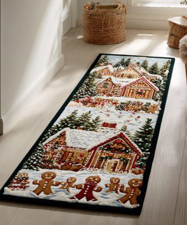 Estate Gingerbread Runner Rug - Classic Holiday Hallway Runner, Elegant Seasonal Motif, Low-Pile Durable Weave, Easy Care