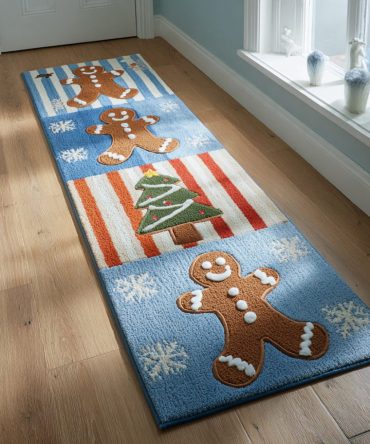Frosted Gingerbread Runner Rug - Winter Frost Motif Hallway Runner, Cozy Low-Pile, Durable, Machine Washable Seasonal Decor