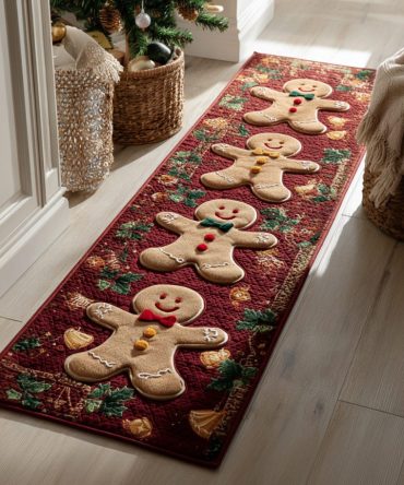 Holiday Gingerbread Runner Rug - Festive Joy Pattern Hallway Runner, Seasonal Non-Slip Low-Pile, Washable Christmas Home Accent