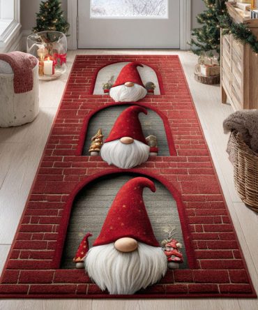 Gnome Archway Holiday Runner Rug - Plush Festive Christmas Hallway Carpet With Anti-Slip Backing, Machine Washable Entryway Accent