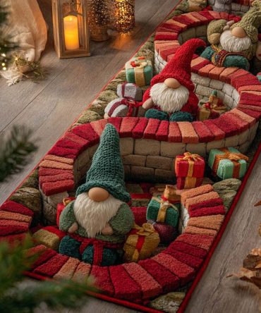 Playful Gnome Path Runner Rug - Enchanted Garden Gnomes Non-Slip Runner For Hall, Kitchen & Entry, Durable Easy-Care Fabric