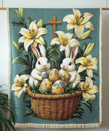 Golden Bloom Easter Scene Woven Throw - Floral Easter Sofa Blanket With Golden Accents, Soft Spring Decor & Gift For Her