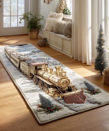 Golden Holiday Train Runner Rug — Elegant Golden Christmas Train Design, Non-Slip Festive Runner For Entryway, Hallway & Dining