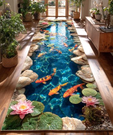 Golden Koi Haven Hallway Runner Rug — Elegant Oriental-Inspired Gold & Aqua Carpeting, Durable Non-Slip Runner For High-Traffic Areas