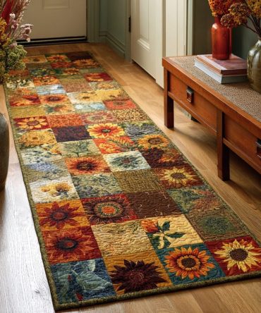 Golden Sunflower Runner Rug — Warm Rustic Hallway Runner, Low-Pile Durable Rug With Non-Slip Backing For Farmhouse & Cottage Styles