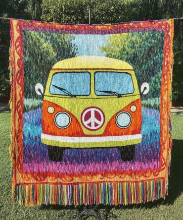 Groovy Bus Vintage Woven Throw Blanket — Retro Flower-Power Bus Design For Sofa, Dorm & Travel, Soft Durable Throw