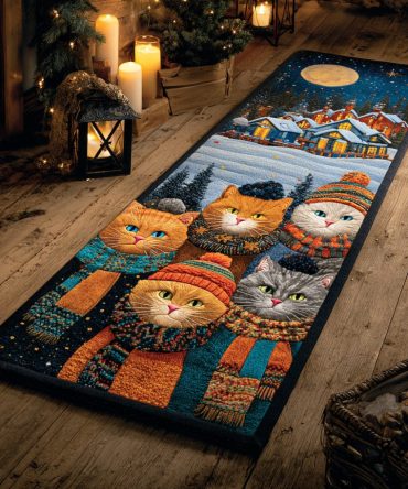 Happy Floral Kitty Runner Rug — Cheerful Cat & Flower Hallway Carpet, Stain-Resistant Low-Pile Indoor Runner