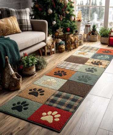 Holiday Paw Prints Pet Runner Rug – Festive Dog & Cat Paw Motif Hallway Runner, Durable Non-Slip Low-Pile Mat For Mudroom & Entryway