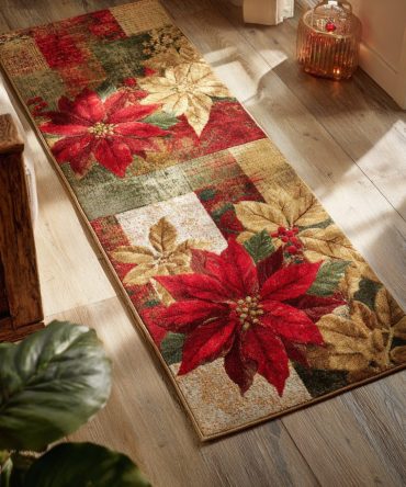 Classic Holiday Poinsettia Runner Rug — Festive Red & Green Poinsettia Design, Durable Non-Slip Runner For Entryway And Table Display