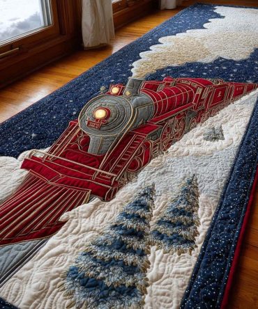 Holiday Train Journey Runner Rug - Festive Christmas Hallway Carpet With Anti-Slip Backing, Thick Plush Pile, Machine Washable Entryway Accent