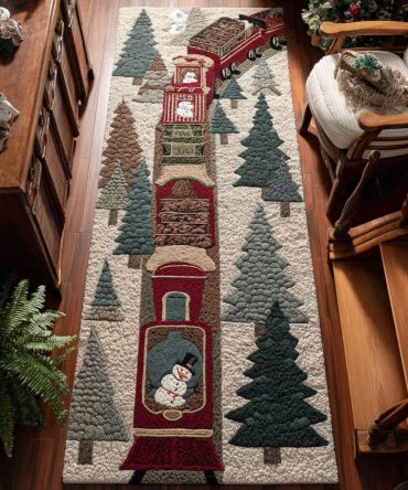 Holly Jolly Express Festive Runner Rug — Cheerful Christmas Train Hallway Carpet, Soft Pile, Stain-Resistant & Non-Skid Backing
