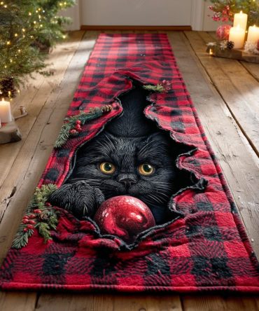Holly Night Kitty Runner Rug - Festive Cat Hallway Runner, Plush Washable Non-Slip Rug With Holiday Holly Design