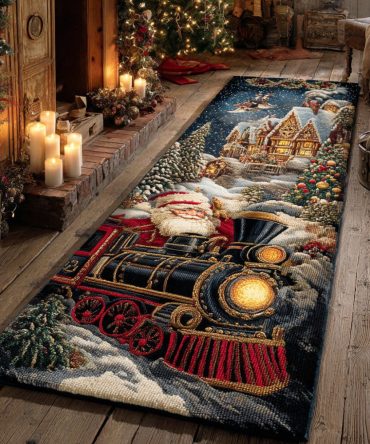Holly Track Locomotive Runner Rug — Festive Holly & Train-Themed Hallway Runner, Durable Holiday Carpet For Entryways & Stairs
