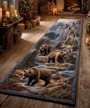 Honeytrail Bear Rustic Runner Rug – Charming Bear & Honeycomb Hallway Runner, Durable Low-Pile, Stain-Resistant Fiber, Non-Slip For Family Rooms