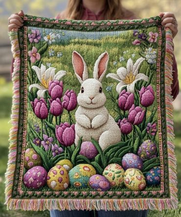 Hoppy Days Easter Bunny Throw — Playful Woven Sofa Blanket With Bunny Motifs, Soft Decorative Throw For Spring, Kids' Rooms & Holiday Styling