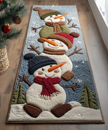 Jolly Snow Trio Holiday Runner Rug — Cheerful Snowman Trio Design For Entryways, Durable Low-Pile Non-Slip Hallway Accent